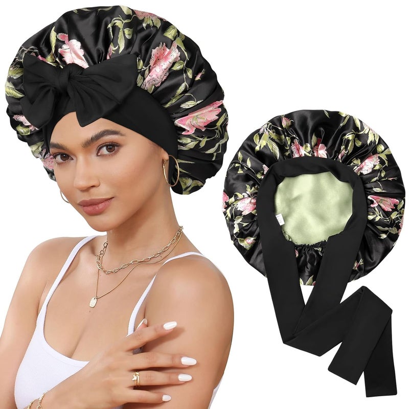 CHLINS Satin Bonnet Silk Bonnet for Sleeping Silk Sleep Cap Double Layer Hair Bonnet with Elastic Tie Band for Curly Hair Night Cap (Black flower+Green) - Image 1